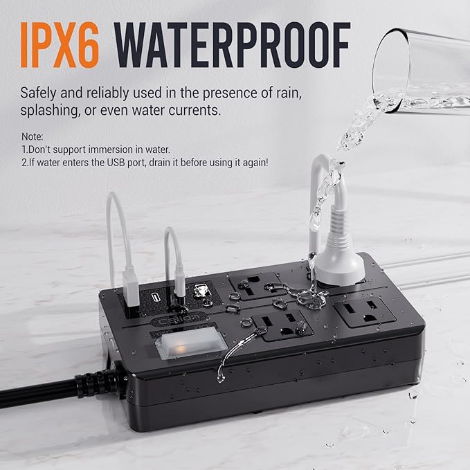 15FT Outdoor Waterproof Power Strip Surge Protector with 4AC Outlets 4USB Ports Power Switch Safety Lock, ETL Certified for Patio Garden Charging