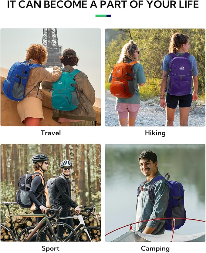 WATERFLY Hiking Packable Daypack Backpack: 25L Ultra Lightweight Day Pack for Woman Man - Small Compact Folding Back Pack for Outdoor Sport Cycling Camping Travel Trip - Dark blue