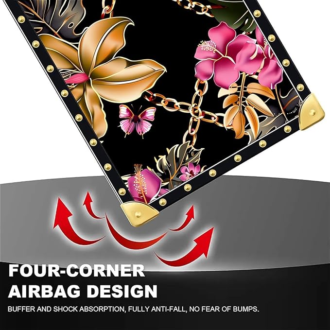 Compatible with iPhone 16 Plus Case, Pink Golden Chain Tropical Flower Luxury Golden Decoration for Girl Women Soft TPU Shockproof Protective Hard PC Back