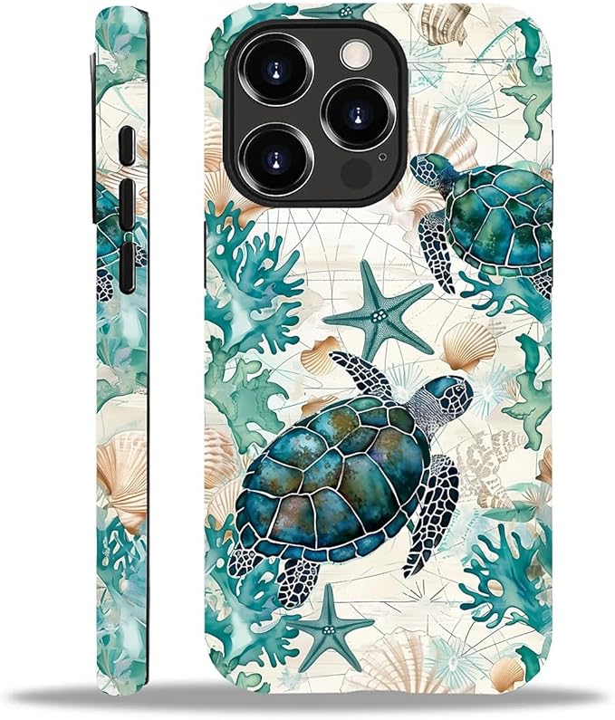 for iPhone 14 Pro Max Case,HH2 Ocean Sea Turtle Nautical Map Hybrid 2 Layer Hard Shell Silicone Protective Pattern Design Case