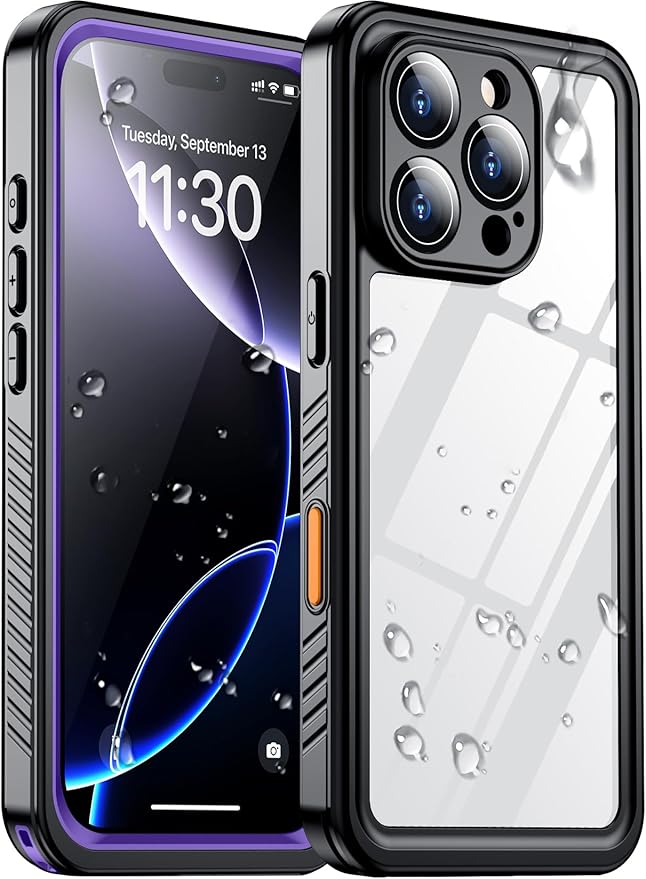 Temdan Compatible with iPhone 16 Pro Case Waterproof, Built-in Screen & Camera Protector IP68 Underwater Full Body 16FT Military Dropproof Shockproof Phone Case 6.3"-Purple/Clear