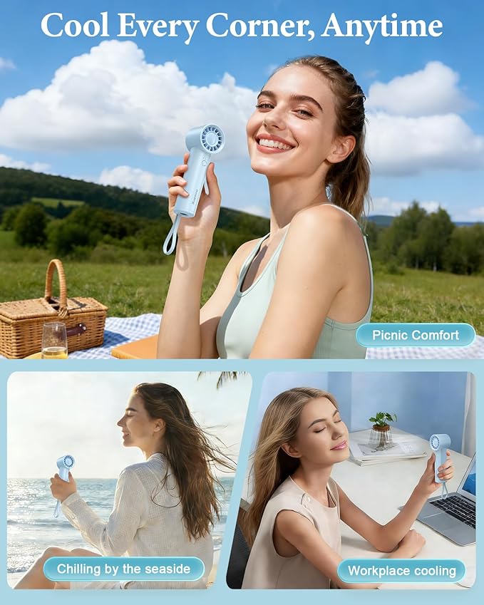 Portable Handheld Fan with Power Bank(High-Speed),3 IN 1 USB Rechargeable Mini Personal Fan with Flashlight,Small Size for Outdoor/Travel/Beach/Concerts/Summer.Gifts for Girl,Women.Blue