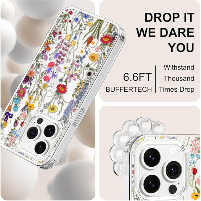 MOSNOVO Case for iPhone 13 Pro, [Buffertech 6.6ft Military-Grade Drop Protection] [Anti Peel Off Tech] Clear TPU Bumper Phone Case Cover Design - Wildflower Meadow