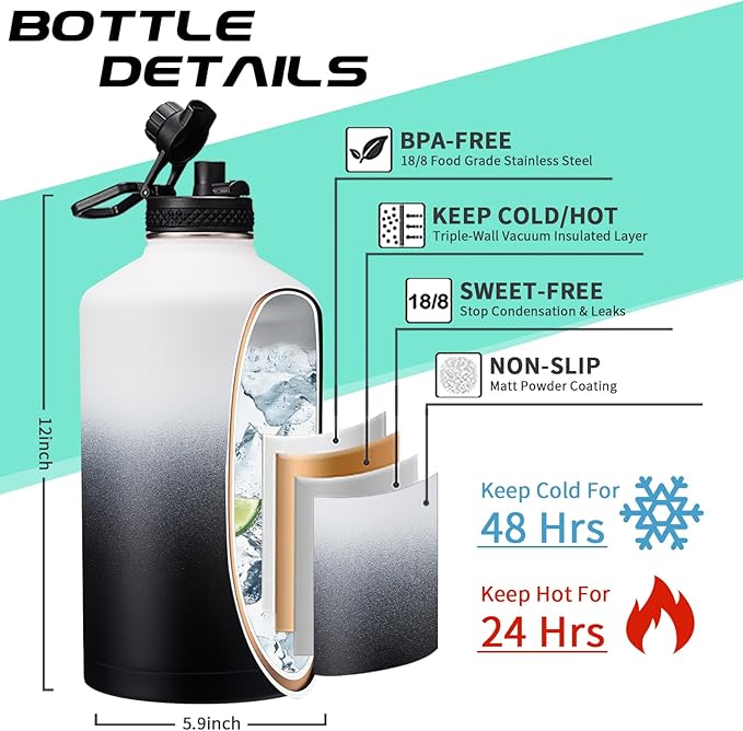 Insulated Water-Jug Gallon Water Bottles - with Straw & Spout Lids, Paracord Handle & Bottle Carrier, 128OZ Metal Gallon Water Bottle Large, Vacuum Thermo Jug Stainless Steel Water Flask Jug