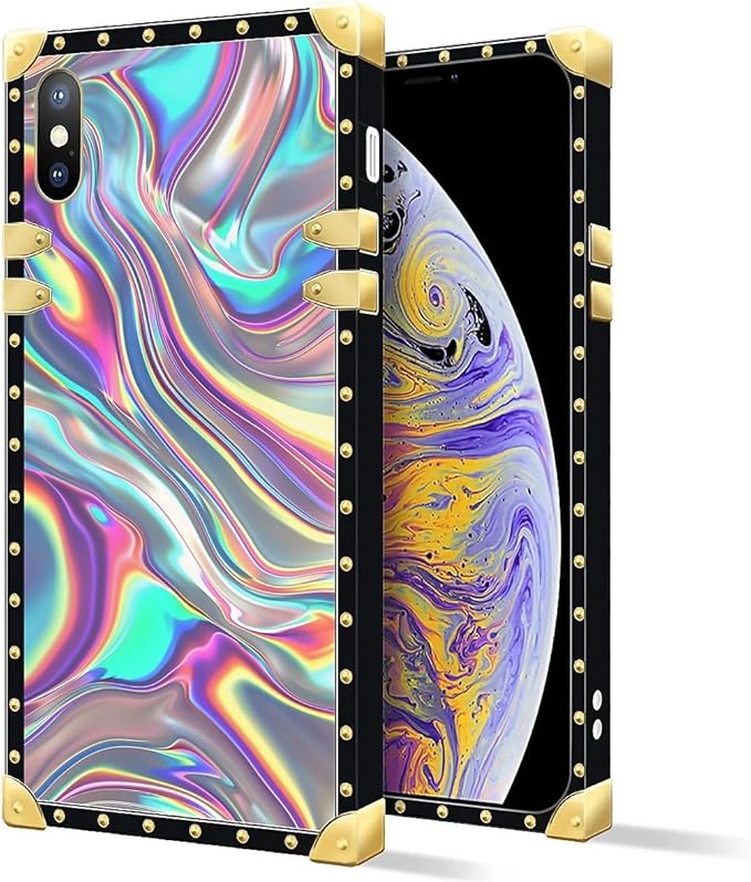 Compatible with iPhone Xs Max Case, Holographic Abstract Iridescent Textures Luxury Golden Decoration for Girl Women Soft TPU Shockproof Protective Hard PC Back for iPhone Xs Max