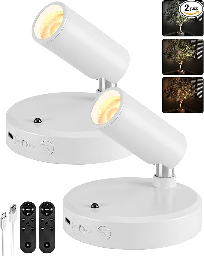 EZVALO Spot Lights Indoor, 5500mAh Rechargeable Picture Lights with Remote, Wireless Mini Art Accent Spotlights with Timer & Dimmable, 3-CCT, Uplights Indoor for Plants, Display (2-Pack-White)