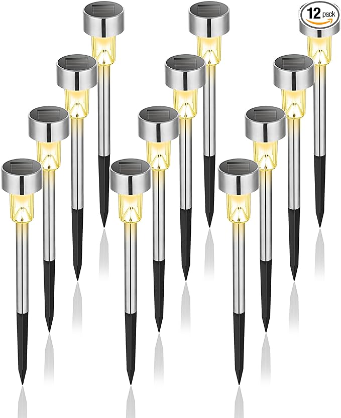 GIGALUMI Solar Lights Outdoor Waterproof, 12 Pack, Stainless Steel LED Solar Garden Lights for Patio, Lawn, Yard and Landscape, Garden Decor Patio Decor,Warm White