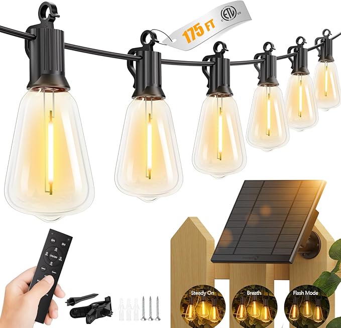 Brightown 175FT Solar String Lights Outdoor Waterproof with Remote, 56+2 LED Shatterproof Bulbs, Dimmable & Timable, 3 Light Modes - Commercial Grade Patio Lights for Garden Backyard Party Decor