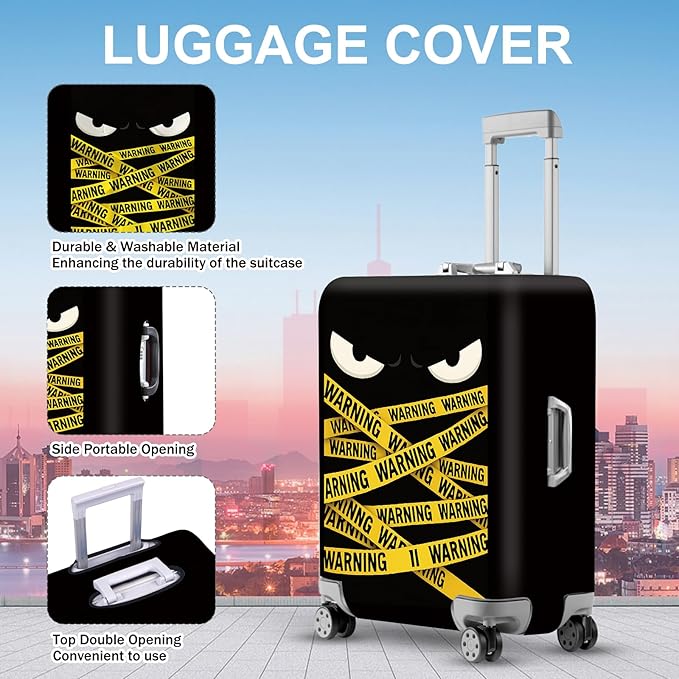 ANNA QUEEN Warning Tape Luggage Cover, Funny Eyes and Yellow Tape Design Suitcase Protector, Stretchable Washable Travel Sleeve for 24-26 Inch Luggage