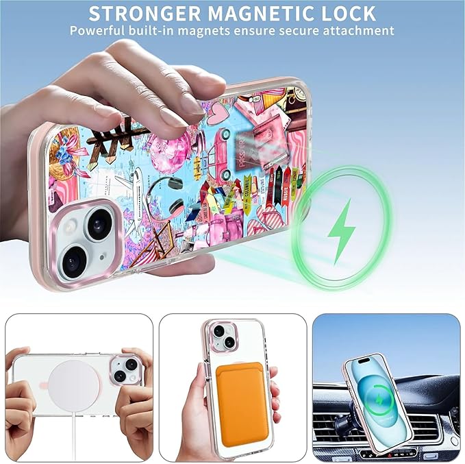 Case for iPhone 15,[Compatible with MagSafe],Cover Holiday Trip World Map Phone Case Design，for Women Girls Magnetic Clear Cover - Slim, Sleek, & Shockproof Protection