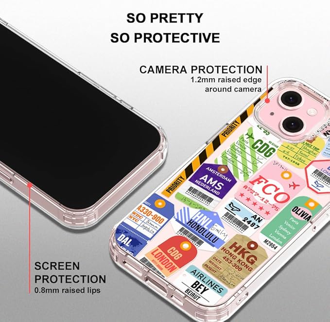 MOSNOVO Case for iPhone 15, [Buffertech 6.6ft Military-Grade Drop Protection] [Anti Peel Off Tech] Clear TPU Bumper Phone Case Cover Design - Air Ticket Labels