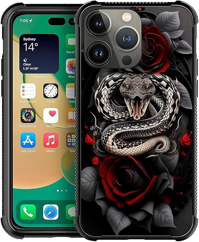 for iPhone 13 Pro Case, Entwined Rose Snake Pattern Graphic Design Girl Boy Soft Silicone Hard Acrylic Shock Protection for iPhone 13 Pro