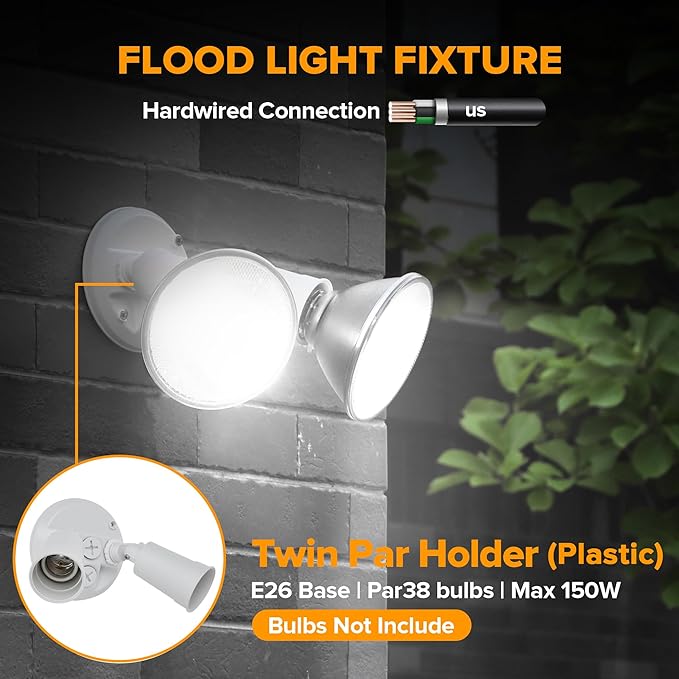 LUTEC 2 Pack Adjustable Twin Par Holder Outdoor Flood Lights, Switch Controlled Security Lights, Floodlights Fixture, Waterproof Exterior Max 300 Watt Par38 Flood Light for Garage, Yard, Porch-White