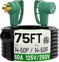 POWGRN NEMA 14-50P to NEMA 14-50R 50 Amp RV/EV Extension Cord 75 FT Outdoor with Grip Handle, Flexible Heavy Duty RV Power Cord Waterproof, 50A 125/250V 6250/12500W STW, Black-Green, ETL Listed