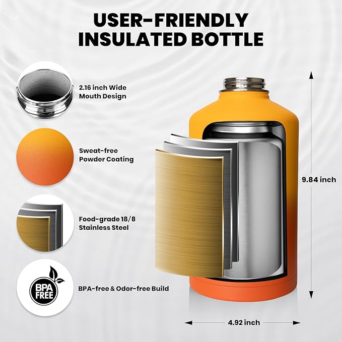 RAYMYLO Insulated Water Bottle 64 oz, Triple Wall Vacuum Stainless Steel (Cold for 48 Hrs), Leak Proof & Non-BPA, Half Gallon Water Flask Jug with Paracord Handle & Straw Spout Lids, Ombre Orange