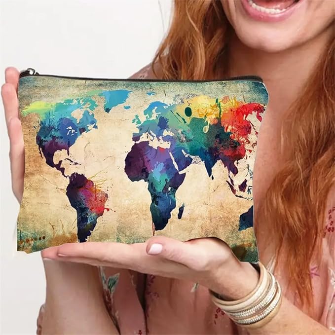 Trendy World Map Canvas Pouch - Spacious Zippered Cosmetic Bag for Travel, Makeup & More - Durable, Multifunctional Coin Purse (F0189)