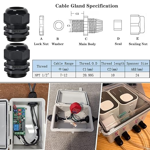 Zulkit IP65 Waterproof ABS Plastic Electrical Box - Hinged Shell, 2 Cable Glands, 5.9 x 3.9 x 2.8 inch