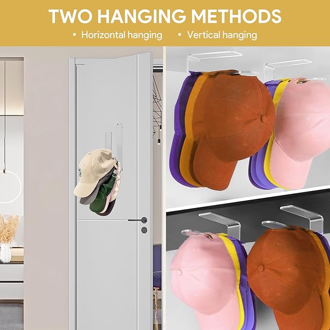 2 Pack Hat Rack for Baseball Cap,Adhesive Hat Hooks for Wall,Acrylic Hat Organizer,Sticky Clear Hat Hooks Display and Storage for Wall/Door/Closet