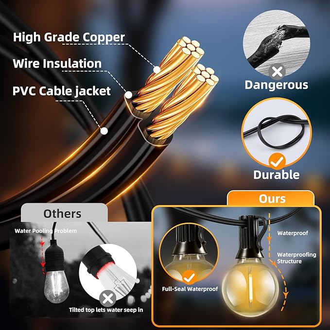 200FT Solar Lights Outdoor Waterproof: G40 60M Shatterproof Bulbs Patio Lights - Solar Powered Remote Control 3 Light Modes Dimmable Solar Light - Camping Backyard Garden Deck Outside Yard