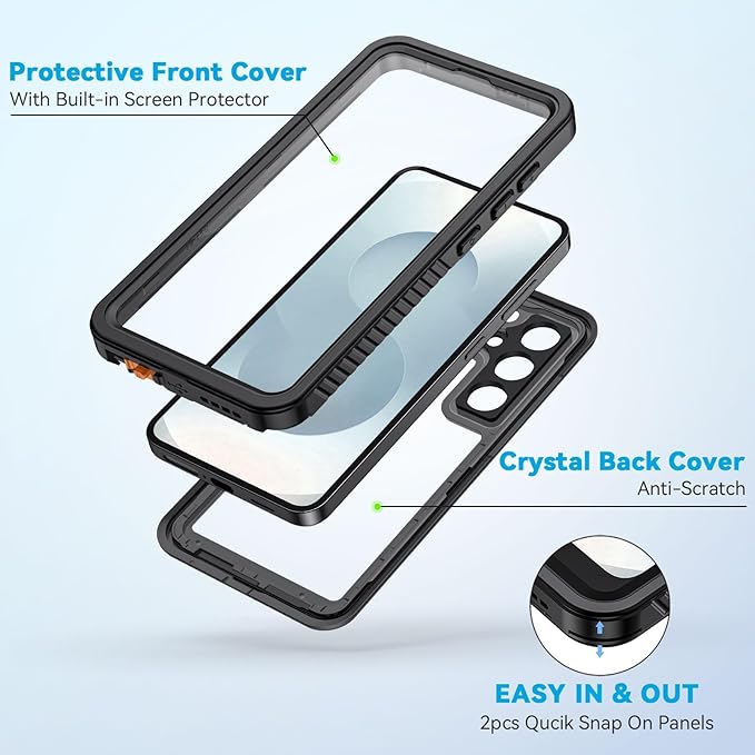 Lanhiem for Samsung Galaxy S25+ Plus Case, IP68 Waterproof Dustproof Case with Built-in Screen Protector, Rugged Full Body Shockproof Protective Cover for Galaxy S25 Plus 6.7 Inch, Black/Clear