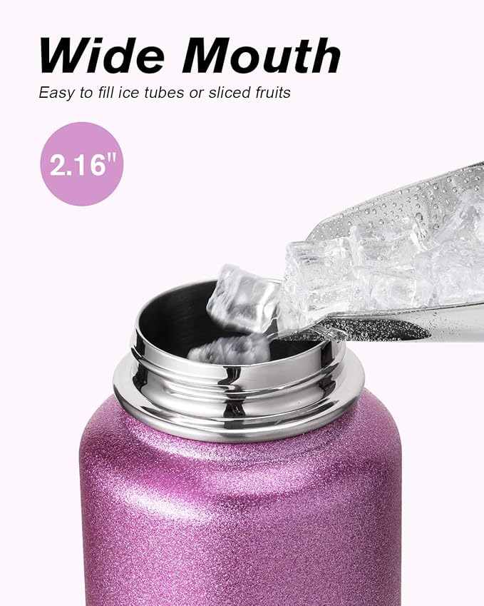 Coolflask Water Bottle 40 oz Insulated with Straw, Stainless Steel Metal 3 Lids Water Flask for Sports or Office, Keep Cold 48H Hot 24H, Glitter Pink