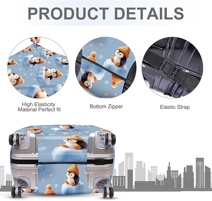 ANNA QUEEN Winter Penguin Luggage Cover, Cute Penguin on Ice Pattern Suitcase Protector, Washable Stretchable Travel Sleeve for 20-22 Inch Luggage