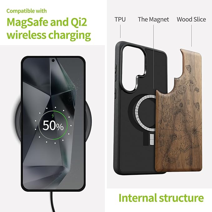 Carveit Magnetic Wooden Case for Samsung Galaxy S26 Ultra Case 2026, TPU Shockproof Cover & Wood Artisan Engraved, Compatible with MagSafe Wireless Chargers (World Map) Walnut