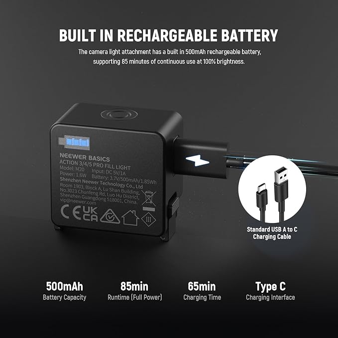 NEEWER Basics M20 Magnetic LED Camera Light Compatible with DJI OSMO Nano Action 3 4 5 Pro Cage NEEWER AC009 PRO Pocket 3 Accessories Expansion Adapter, Plastic Mini Fill Light Attachment 5600K CRI95+