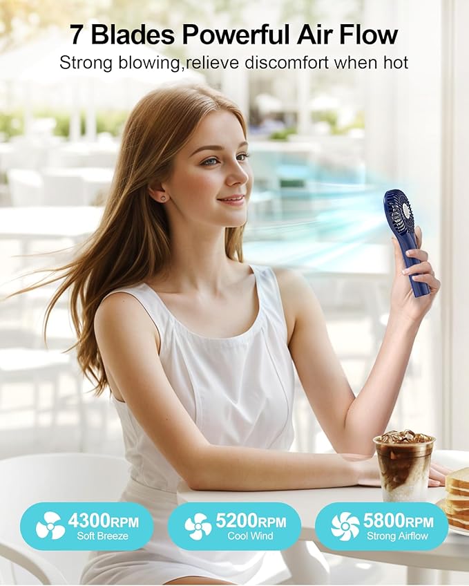 TriPole Portable Handheld Fan Mini Personal Fan with 3 Speeds, Powerful Battery Operated Hand Held Fan for Travel Trip Outdoor Concerts, Small Rechargeable Fan for Makeup Skincare Drying, Dark Blue