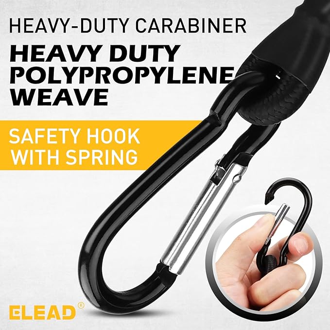 6 Piece 24 Inch Carabiner Bungee Cords with Hooks, Heavy Duty Outdoor Bungee Cords with Carabiner Hooks, 6" Nylon Cable Ties, UV & Weather Resistant