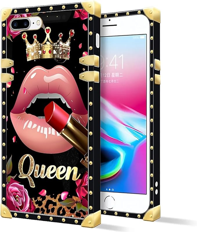 Compatible with iPhone 8 7 SE Case, Glitter Red Rose Queen Leopard Lipstick Luxury Golden Decoration for Girl Women Soft TPU Shockproof Protective Hard PC Back for iPhone 8 7 SE