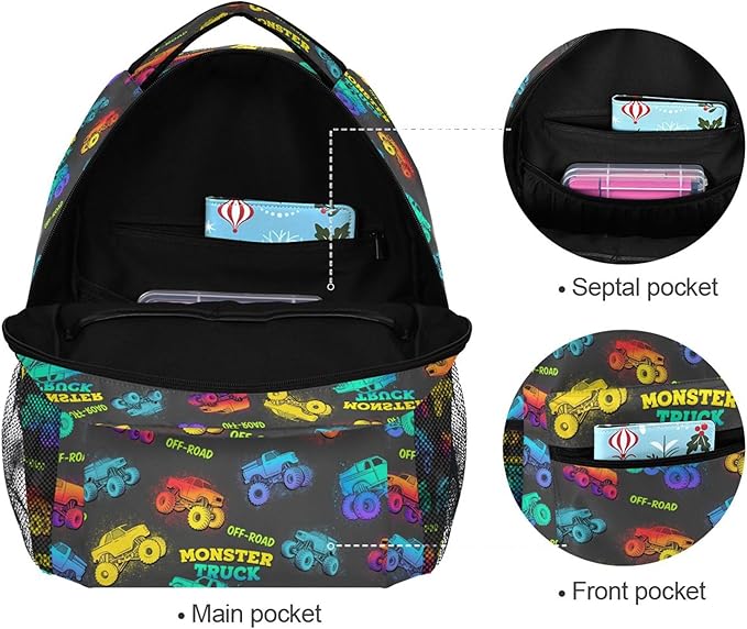 Wamika Monster Truck Kids Backpack Blue Racing Cars School Backpack Boy Girl Preschool Book Bag