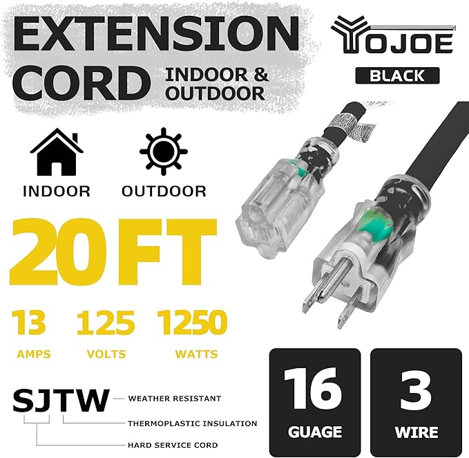 YOJOE Indoor Outdoor Extension Cord with Lighted End, 3 Prong 13A Weatherproof Power Cord, 16 Gauge Heavy Duty 20 ft Black Extension Cord for Garage, Garden and Home, 16/3 SJTW UL Listed