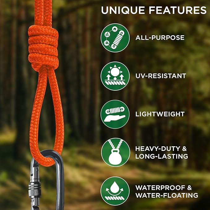 TECEUM Rope – 90 Feet x 1/4 Inch (7mm) – Orange – Strong All-Purpose Utility Rope – Camping, Crafting, Flag Pole, Indoor & Outdoor – Polypropylene Nylon Poly Lightweight Diamond Braided Cord