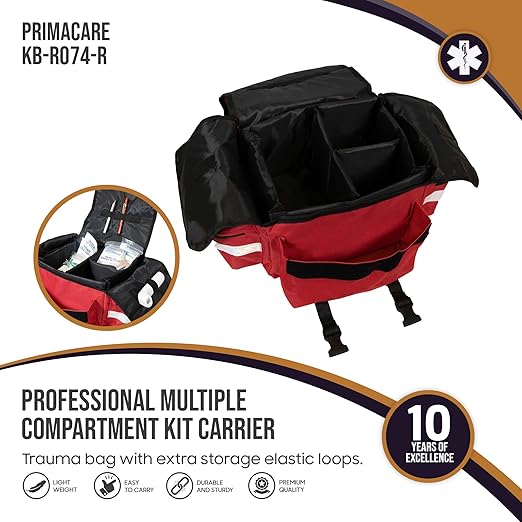 Primacare KB-RO74-R First Responder Trauma Bag, 17" x 9" x 7", Red — EMT/EMS Medical Supply Organizer with Padded Dividers, Multiple Compartments, Side Pockets, Reflective Strip, Durable Design