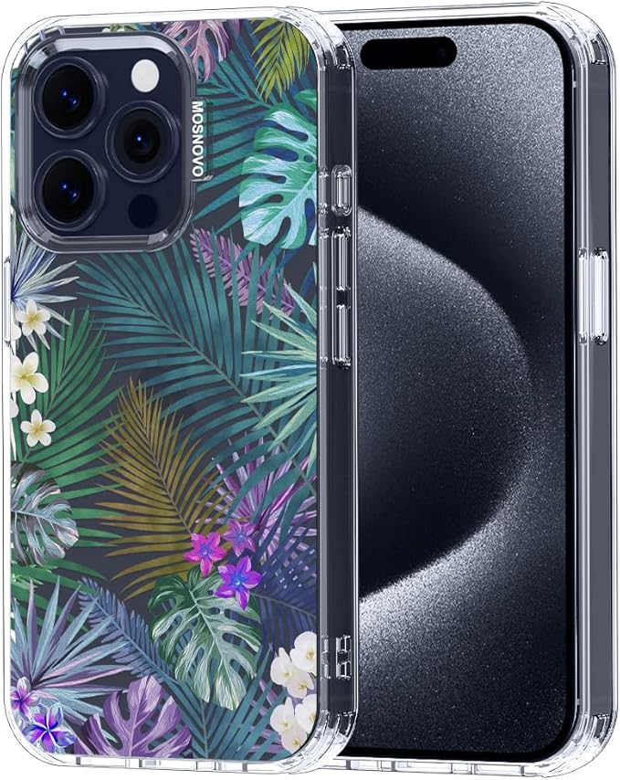 MOSNOVO Case for iPhone 15 Pro, [Buffertech 6.6ft Military-Grade Drop Protection] [Anti Peel Off Tech] Clear TPU Bumper Phone Case Cover Design - Tropical Rainforests