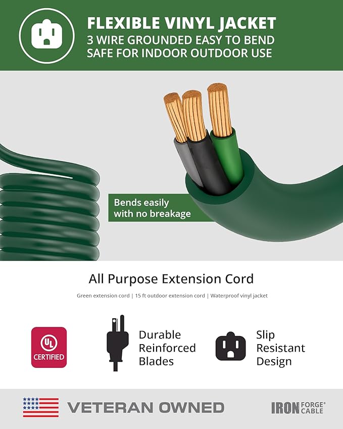 Iron Forge Cable Weatherproof 15 Ft Outdoor Extension Cord - 16/3 SJTW Heavy Duty Green Extension Cord 3 Prong - 13 Amp Exterior Power Cable