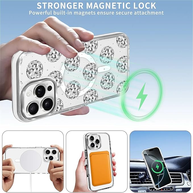 Case for iPhone 16 Pro,[Compatible with MagSafe],Disco Ball Grayish White Phone Case Design，for Women Girls Magnetic Clear Cover - Slim, Sleek, & Shockproof Protection