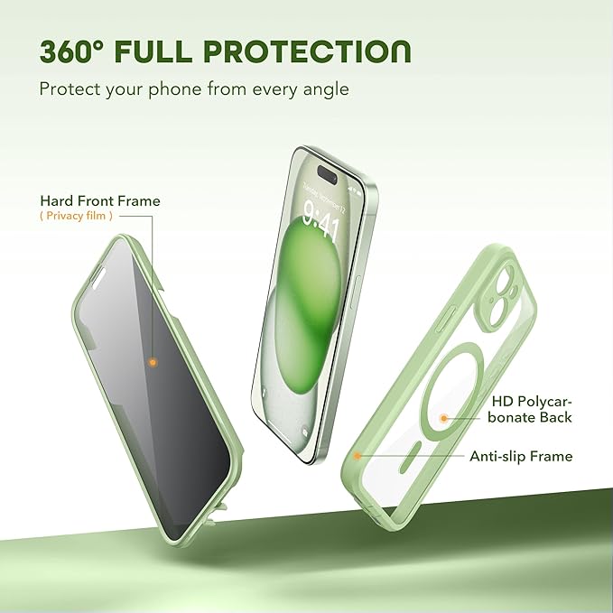 TIESZEN for iPhone 15 Case, Compatible with MagSafe, Built-in Privacy Screen Protector and Camera Protection, Anti Spy Full Body Dustproof Shockproof Hard Phone Case 6.1", Light Green