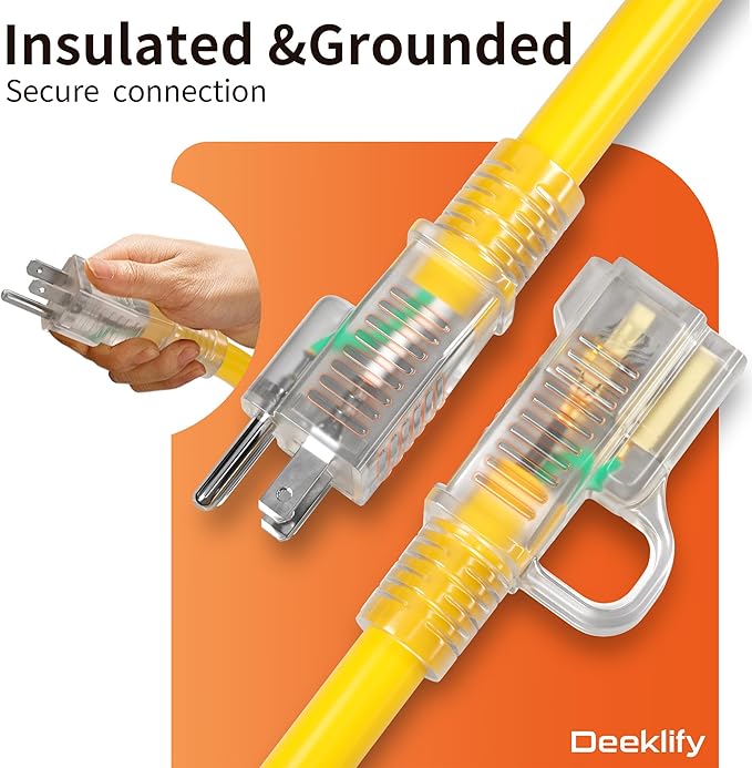 12AWG 75 FT Heavy Duty Outdoor Extension Cord Waterproof with Lighted End,12 Gauge Extension Cord Flexible and Cold Resistant 3 Prong Grounded Plug,15Amp 1875W Yellow SJTW ETL Listed