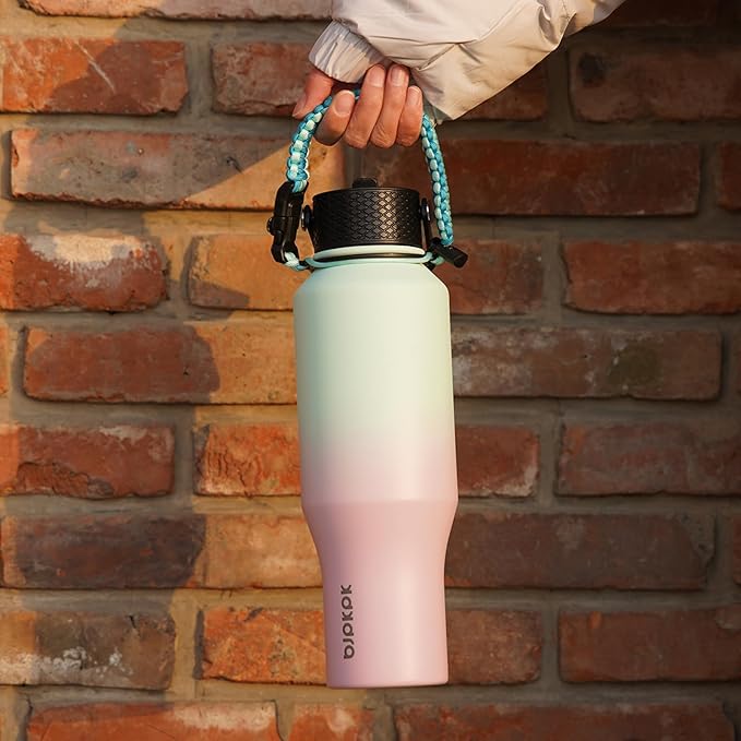 BJPKPK Insulated Water Bottles with Straw Lid, 40oz Metal Water Bottle with 2 lids & Paracord Strap, Double Wall Stainless Steel Tumbler with Handle, Reusable Cups, Mugs, Thermo, Marshmallow