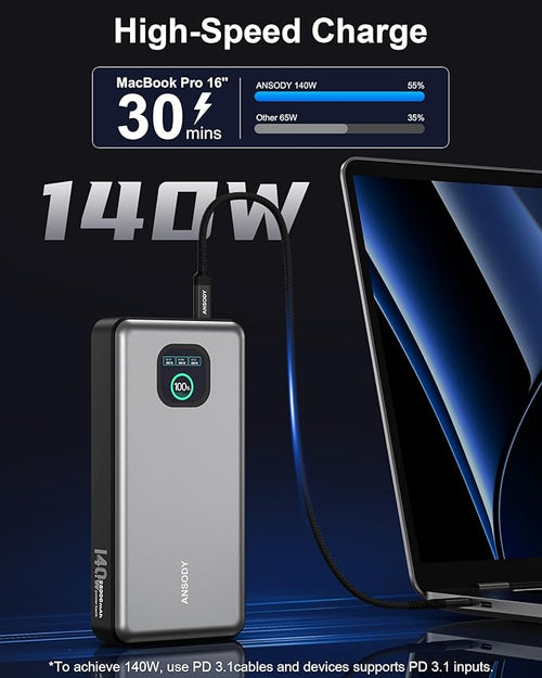 140W Power Bank, 25000mAh Laptop Portable Charger with Smart Digital Display, PD3.1 Fast Charging Battery Pack for MacBook Dell XPS iPad Tablet Steam Deck iPhone 16/15 Series Samsung Switch, Silver