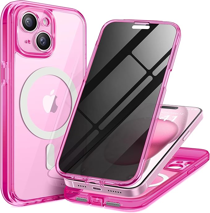 TIESZEN for iPhone 15 Case, Compatible with MagSafe, Built-in Privacy Screen Protector and Camera Protection, Anti Spy Full Body Dustproof Shockproof Hard Phone Case 6.1", Fluorescent Pink