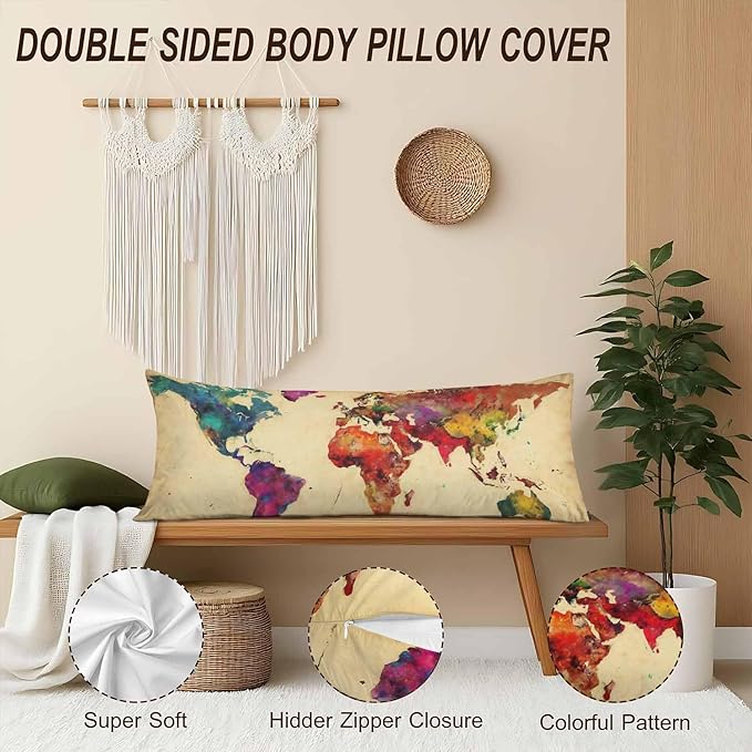 World Map Body Pillow Pillowcase, Retro World Map Colorful Body Pillow Cushion Cover, 20x54 Inch Lumbar Pillow Cover Large Pillow Protector for Home Couch Sofa