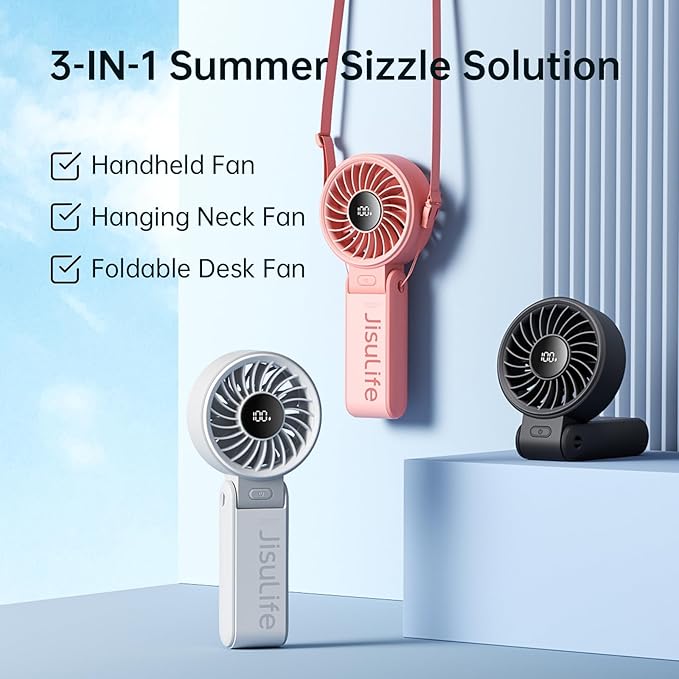 JISULIFE Handheld Fan Life7 – Ultimate Flexibility: Wide & Strong Airflow, 13H Max Cooling, 3600mAh Rechargeable, 5-Speed, LED Display, 3 IN 1 Portable Fan for Travel, Concerts, Sports Events(Black)