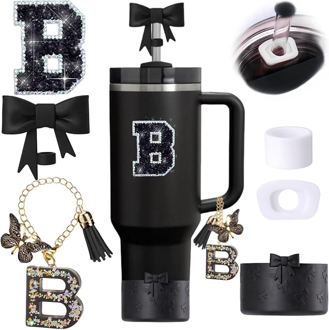 6pcs Black Stanley Cup Accessories Set, Bow Straw Topper for Stanley Cup 30oz 40oz, Including Straw Topper and Bow Silicone Boot, Stoppers Spill Proof, Handle Charm, Initials Sticker