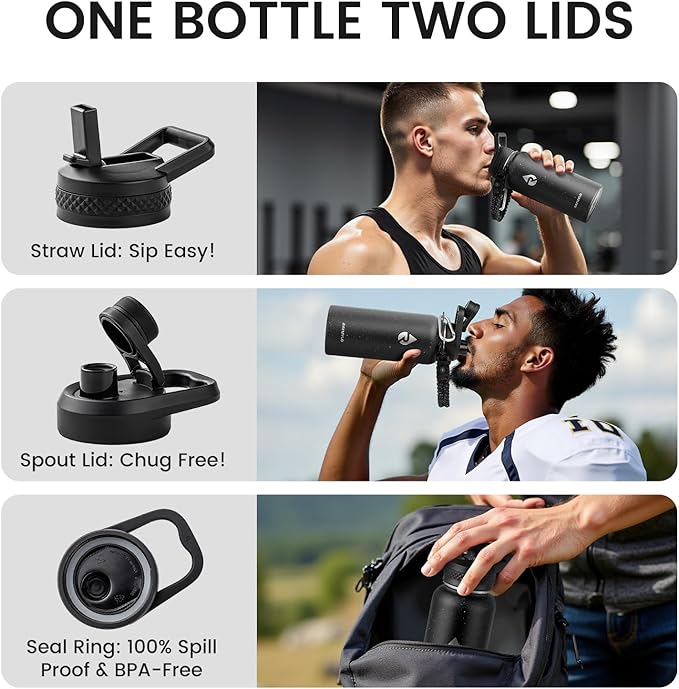 RAYMYLO Insulated Water Bottle 32 oz, Triple Wall Vacuum Stainless Steel (Cold for 24Hrs, Hot for 12Hrs), Leak Proof & Non-BPA, Modern Water Flask Jug with Paracord Handle & Straw Spout Lids