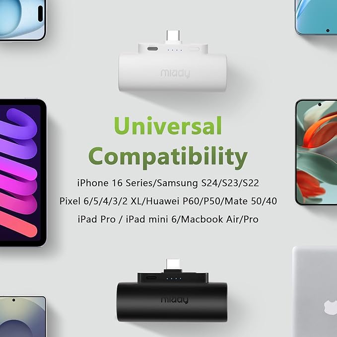 Miady 2-Pack 5000mAh Mini Portable Charger with Built-in Type C Connector, 5V 2.4A USB-C Output Fast Charging Small Power Bank, Compact Battery Pack Compatible with iPhone 17/16/15 Galaxy S24/S22 iPad