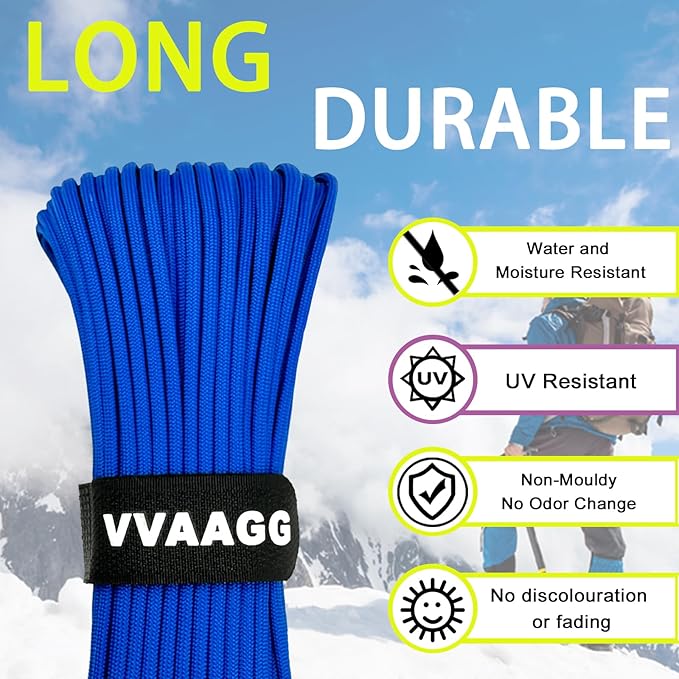 VVAAGG 1000 Paracord Rope 200FT, 4mm Utility Parachute Cord 12 Strand Nylon Rope for Camping, Tent, Clothsline, Outdoor Hiking, Fishing (Blue, 200FT)