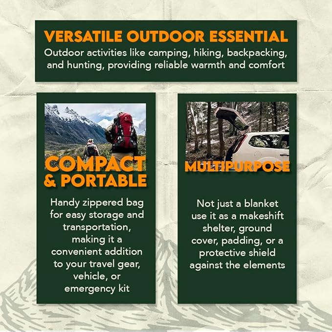 SE 51"x 80" Multipurpose Gray Wool Blanket - 50% Wool, Lightweight 2 lb, Zippered Bag Included - Ideal for Camping, Hiking, Emergency Survival